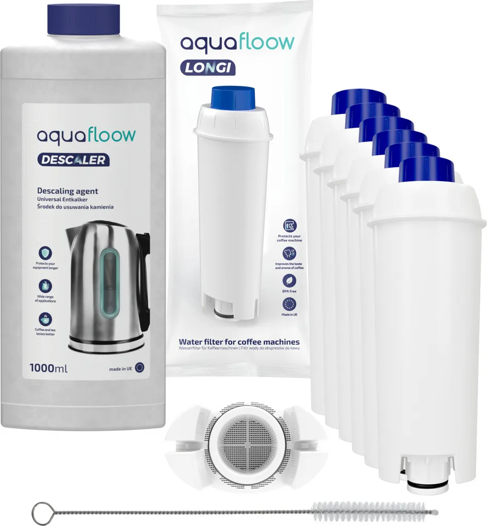 Set Für DeLonghi Kaffeemaschinen: 6x AquaFloow Longi Wasserfilter, AquaFloow Entkalker Entkalker 1000ml, Reinigungswischer 1 Set Für DeLonghi Kaffeemaschinen: 6x AquaFloow Longi Wasserfilter, AquaFloow Entkalker Entkalker 1000ml, Reinigungswischer