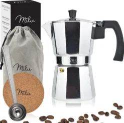Milu Espressokocher (No Induktion) | 2, 3, 6, 9 Tassen | Aluminium Mokkakanne, Espressokanne, Espresso Maker Set Inkl. Untersetzer, Löffel, Bürste (Aluminium, 4 Tassen (300ml)