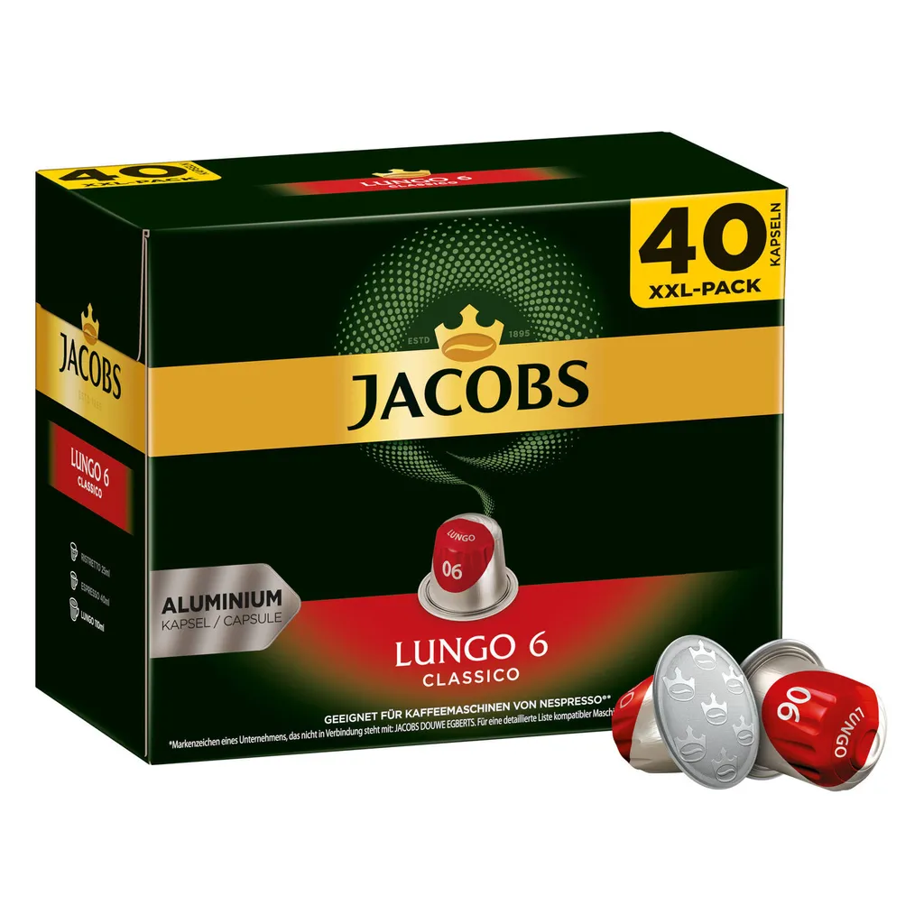 JACOBS Lungo 6 Classico + 8 Intenso - 240 Kapseln XXL-Pack Nespresso®* Kompatibel 1 JACOBS Lungo 6 Classico + 8 Intenso - 240 Kapseln XXL-Pack Nespresso®* Kompatibel