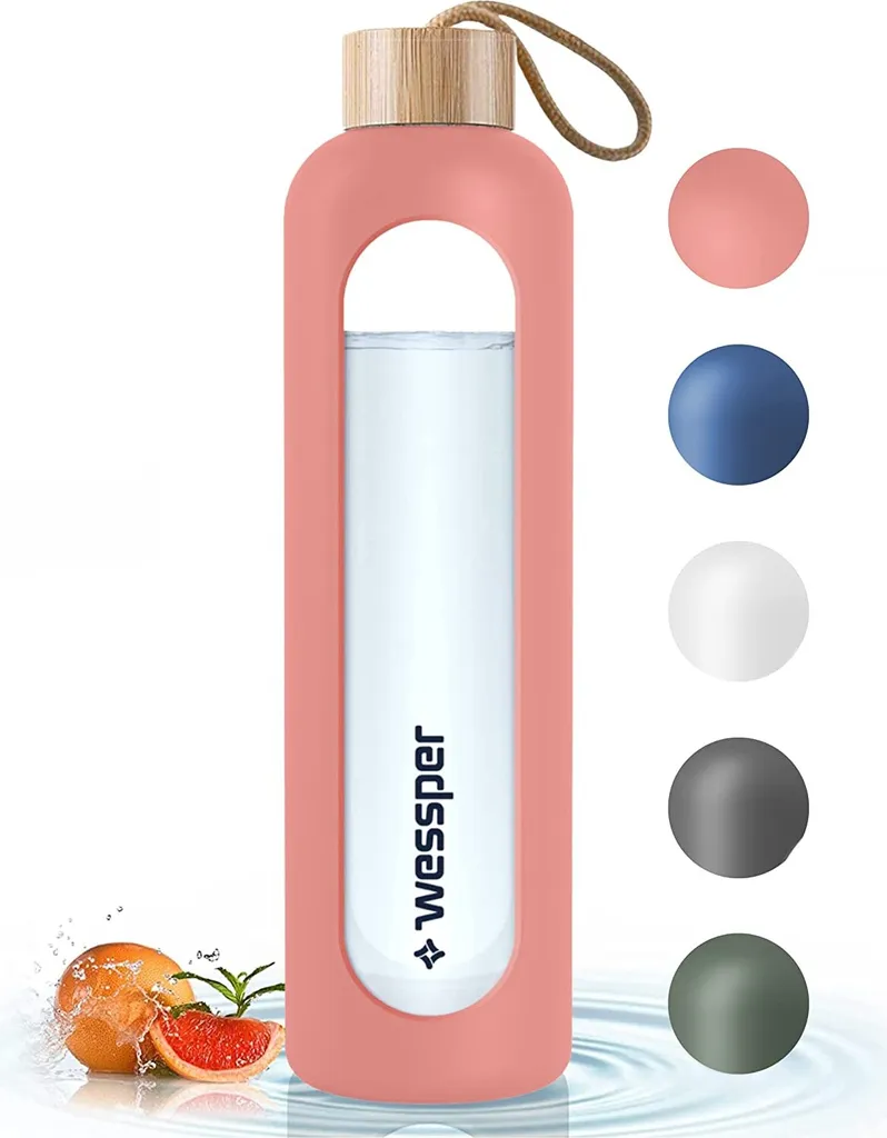 Wessper Trinkflasche Glas Mit Silikonhülle, Wasserflasche Mit Zeitmarkierungen, Transparente Wasserflasche Aus Borosilikat Glas, Berwachung Ihrer Täglichen Wasseraufnahme 1L Rosa 1 Wessper Trinkflasche Glas Mit Silikonhülle, Wasserflasche Mit Zeitmarkierungen, Transparente Wasserflasche Aus Borosilikat Glas, Berwachung Ihrer Täglichen Wasseraufnahme 1L Rosa