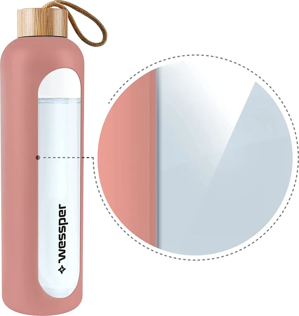 Wessper Trinkflasche Glas Mit Silikonhülle, Wasserflasche Mit Zeitmarkierungen, Transparente Wasserflasche Aus Borosilikat Glas, Berwachung Ihrer Täglichen Wasseraufnahme 1L Rosa 3 Wessper Trinkflasche Glas Mit Silikonhülle, Wasserflasche Mit Zeitmarkierungen, Transparente Wasserflasche Aus Borosilikat Glas, Berwachung Ihrer Täglichen Wasseraufnahme 1L Rosa – Bild 3