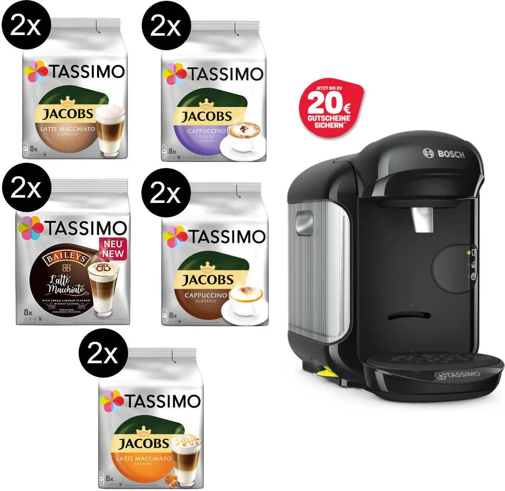 TASSIMO Kapseln 2x Milk Range Vielfaltspakete 5 Sorten + Vivy 2 Schwarz Gratis 1 TASSIMO Kapseln 2x Milk Range Vielfaltspakete 5 Sorten + Vivy 2 Schwarz Gratis