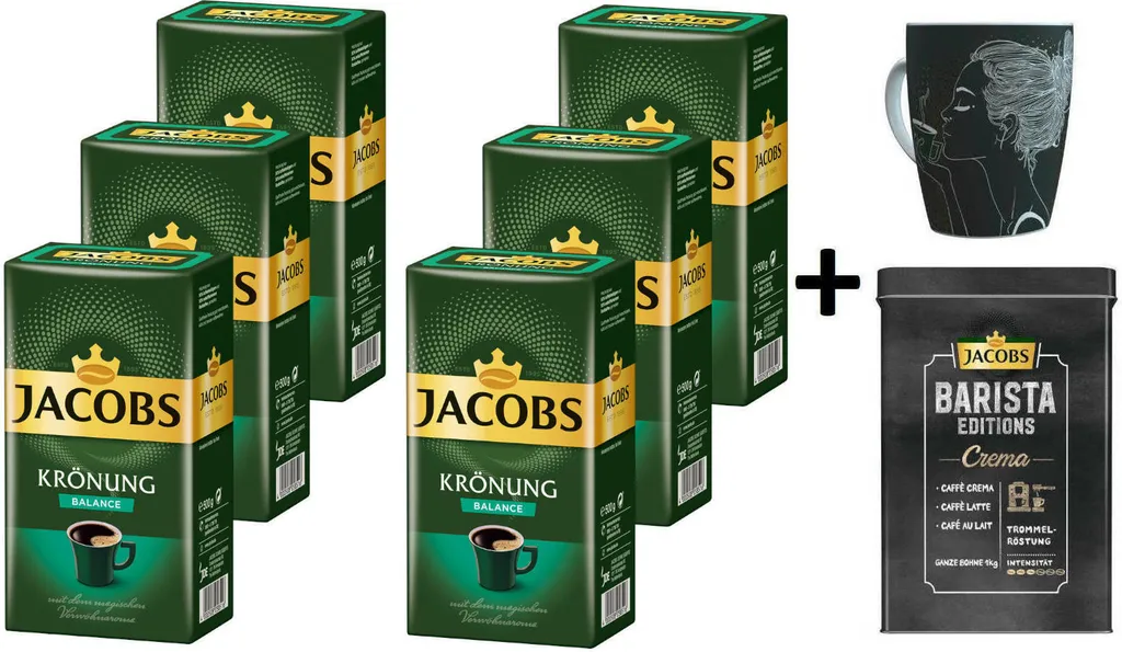 JACOBS Filterkaffee Krönung Balance 6 X 500 G Kaffee Gemahlen + 1 Becher+ 1 Dose 1 JACOBS Filterkaffee Krönung Balance 6 X 500 G Kaffee Gemahlen + 1 Becher+ 1 Dose