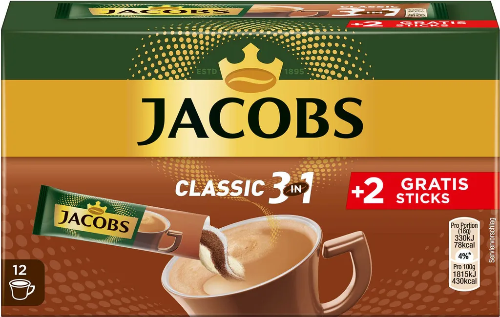 JACOBS Löskaffee 3in1 Classic Löslicher Kaffee 12 X 10+2 Sticks Instantkaffee 3 JACOBS Löskaffee 3in1 Classic Löslicher Kaffee 12 X 10+2 Sticks Instantkaffee – Bild 3