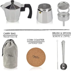 Milu Espressokocher (No Induktion) | 2, 3, 6, 9 Tassen | Aluminium Mokkakanne, Espressokanne, Espresso Maker Set Inkl. Untersetzer, Löffel, Bürste (Aluminium, 4 Tassen (300ml) -Kaffeegetränkeladen d01c4fea8354b799b3c157dfee8e8462
