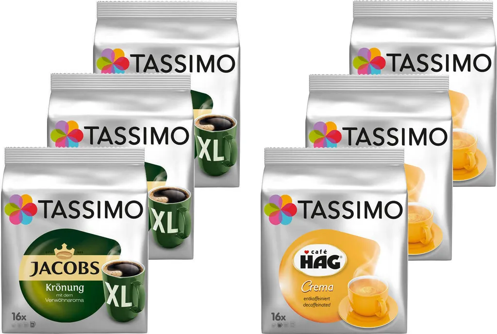 TASSIMO Kapseln Jacobs Krönung XL + Café Hag Entkoffeiniert Je 3x16 Getränke 1 TASSIMO Kapseln Jacobs Krönung XL + Café Hag Entkoffeiniert Je 3x16 Getränke