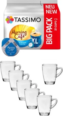 Morning Café XL Mild + 6 X Glas Henkelbecher Henkel 300ml, Höhe: 10,5cm